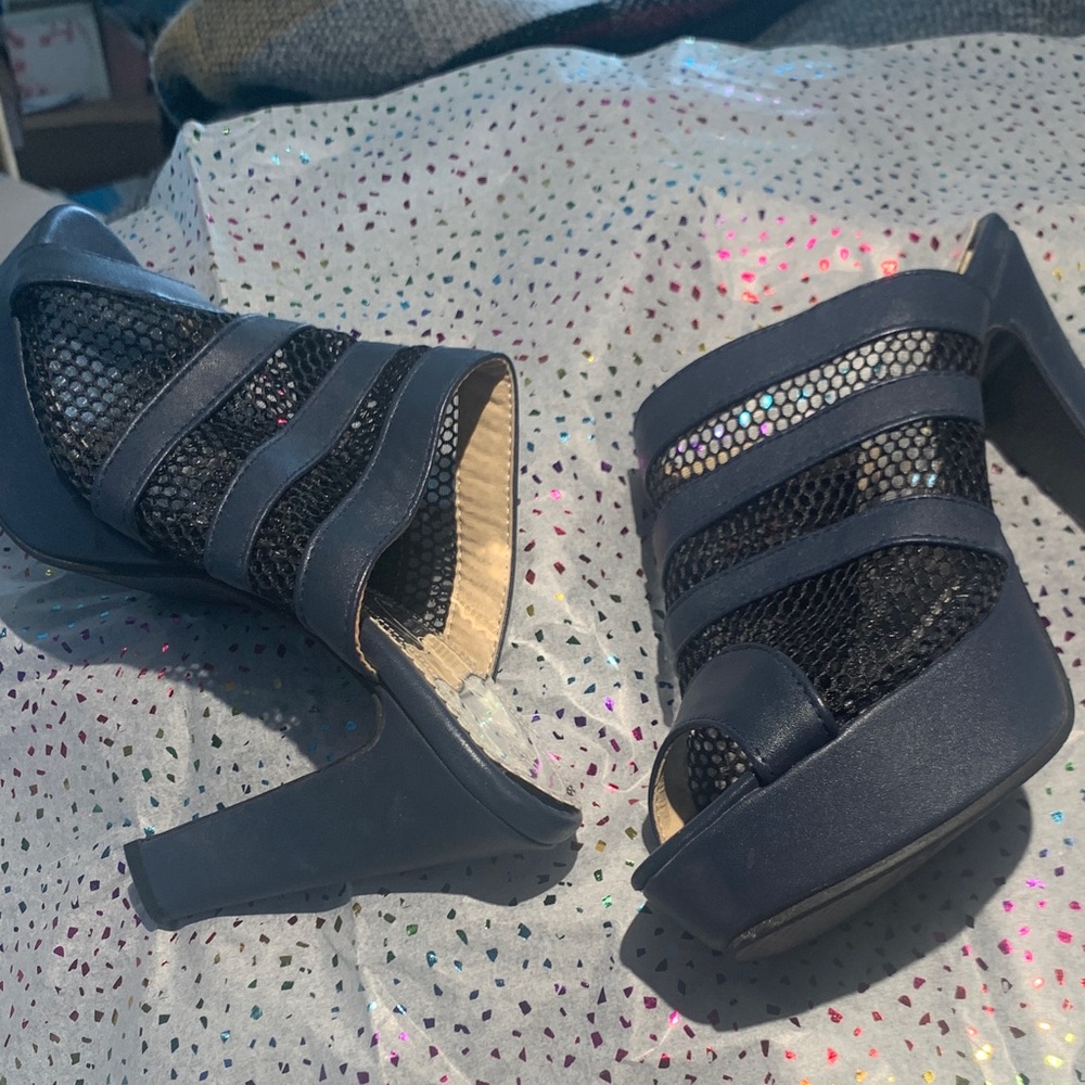 Chic Navy slip/on, open toe, never worn high heel sandals’